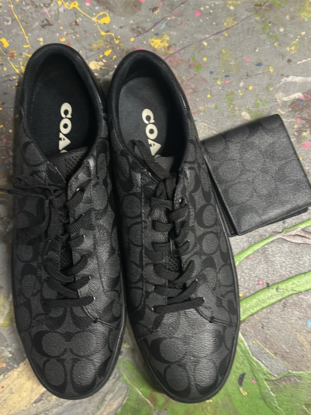 Coach Black Signature Monogram Low-Top Sneakers size 13 w/matching wallet